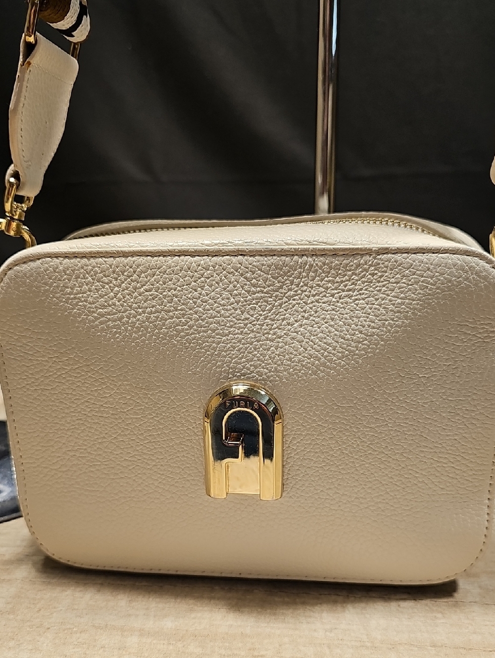 Furla White Cream Color Pebbled Leather Crossbody with Gold Lock
